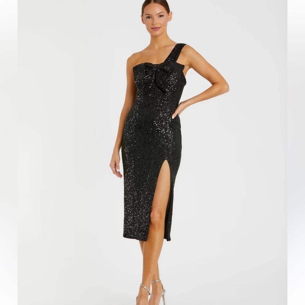 Mac Duggal Black Sequined One Shoulder Formal Dress Womens 6 Glam Prom NWT